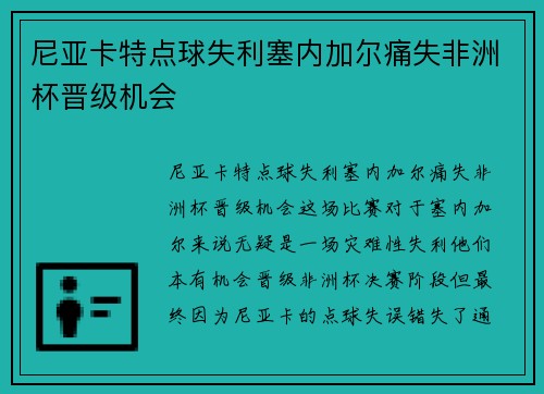 尼亚卡特点球失利塞内加尔痛失非洲杯晋级机会
